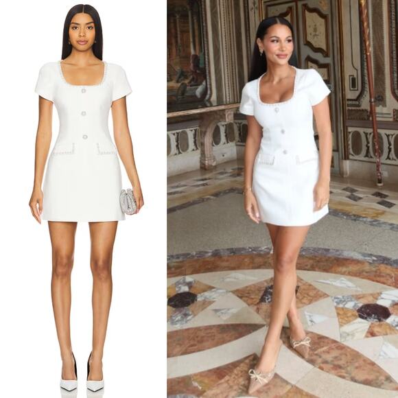 LIKELY | Sergio Dress in White Short Sleeve Crystal Pearl Embellished Mini 6 - Picture 1 of 15